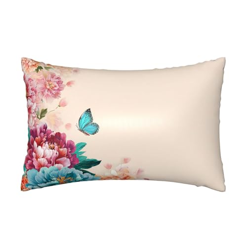 Satin-Kissenbezug, Pfingstrosen, Chrysantheme, seidige Kissenbezüge für Haar und Haut, mit Reißverschluss, floraler Schmetterling, kühlender Kissenbezug für Bettwäsche, Wohnzimmer, Sofa, 50 x 75 cm