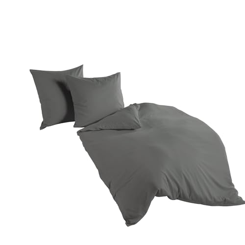 Bierbaum hochwertige Uni Fein Biber Bettwäsche 2 tlg. 155x220cm einfarbig Anthrazit 100% Baumwolle