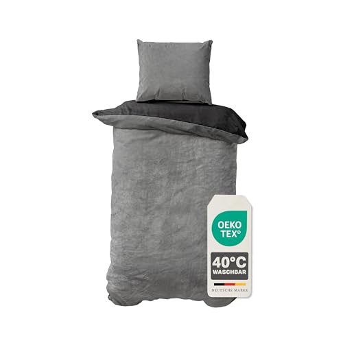 Devior Cashmere Touch Bettwäsche Winter 2-teilig, Grau/Schwarz – 135x200 & 80x80 cm – Flauschig warme Bettwäsche für den Winter – Bettbezug flauschig mit Reißverschluss – Wendeoptik – Oeko-TEX®
