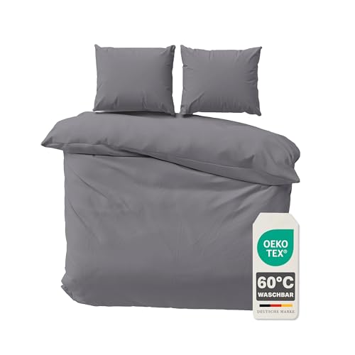 Devior Bettwäsche Set Mikrofaser 200x220 cm, Grau – 3-teilige Uni Bettwäsche mit 2X Kissenbezug 80x80 cm, Reißverschluss, Bettbezug, Oeko-Tex Zertifiziert, Allergiker geeignet, Atmungsaktiv
