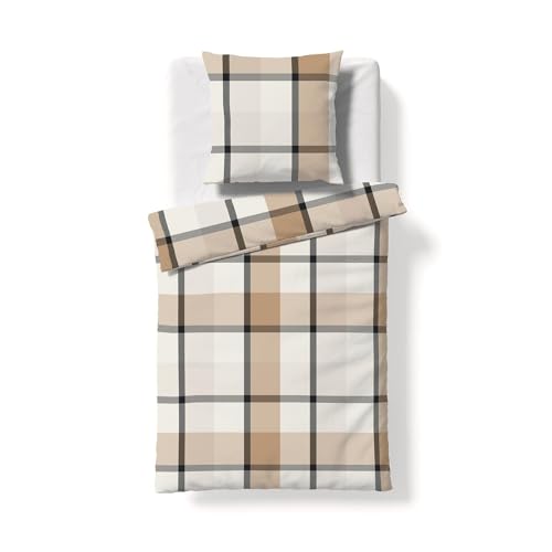 fleuresse gewebte Edelflanell Bettwäsche Lech Tullamore beige grau 1 Bettbezug 135 x 200 cm + 1 Kissenbezug 80 x 80 cm