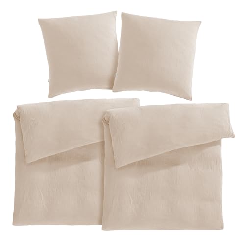 Pure Label Musselin Bettwäsche 135x200 4 teilig bestehend aus Bettbezug 135 x 200 cm 2er Set + Kissenbezug 80x80 cm 2er Set aus Baumwolle - Traumhaft kuschelige Bettwäsche-Sets in beige