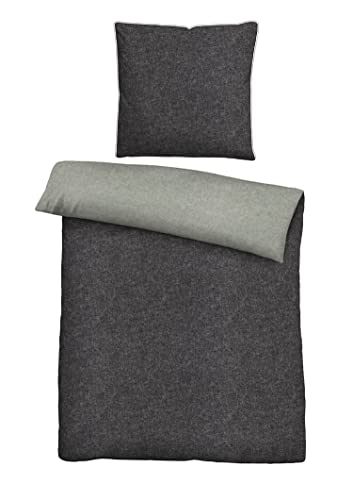 biberna 0840500 Wende-Bettwäsche Garnitur mit Kopfkissenbezug Melange-Flanell, , 2 Stück, 1x 135x200 cm + 1x 80x80 cm, titanium