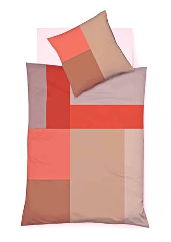 JACK by Fleuresse Mako Satin Wende Bettwäsche 2tlg. 135x200cm Quadrate Braun Terracotta Grün Petrol Uniseite Digitaldruck, Farbe:Braun