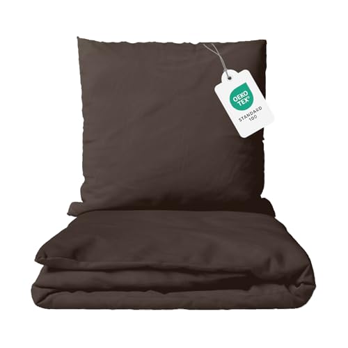 Class Home Collection Bettwäsche 155x220 Baumwolle – 2-teiliges Bettwäsche-Set mit Reißverschluss, Bettbezug + Kissenbezug 80x80 cm, Ganzjahres-Bettwäsche, Uni Braun