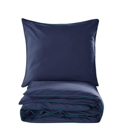 Cotton Market Basic Bettwäsche 220x200 Marineblau mit türkiser Paspel