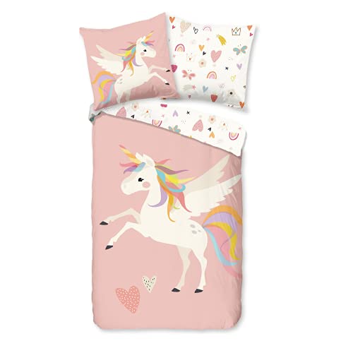 Aminata kids Einhorn Bettwäsche 135x200 Unicorn-Motiv Mädchen Baumwolle Kinder-Bettwäsche-Set mit Reißverschluss rosa