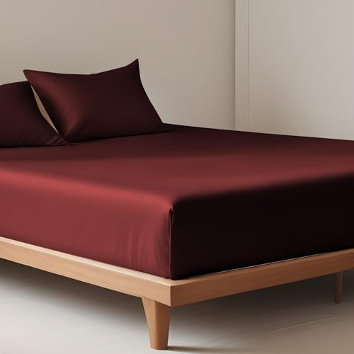 LINENWALAS Spannbettlaken aus 100% Tencel Lyocell 120 x 200 cm, Weiches, Kühlendes Seiden Bettlaken mit bis zu 40 cm Tiefen Taschen, Anti Allergische Eukalyptus Bettwäsche (120x200 cm, Burgund)