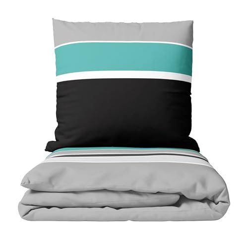 Leonado Vicenti Renforcé Bettwäsche Set Baumwolle 135x200 cm Streifen Design Petrol Schwarz Weiss Grau mit Reißverschluss weich hautfreundlich 4 Jahreszeiten