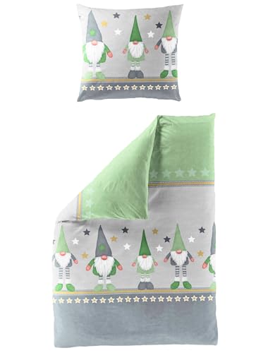 JACK by Bierbaum Biber Bettwäsche 2 TLG. 135x200cm Wichtel Sterne Mint Grün Grau