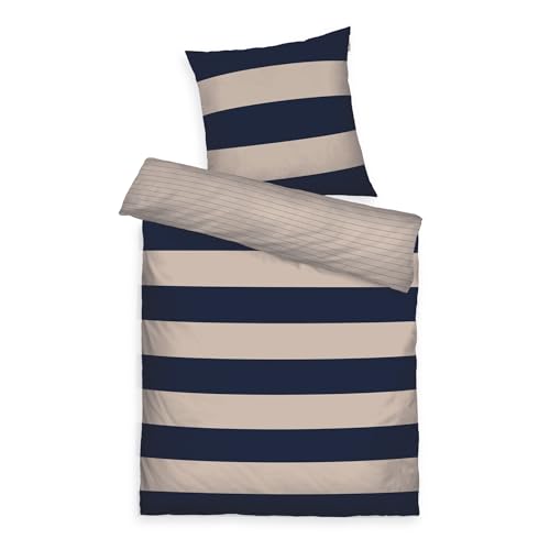 TOM TAILOR Renforcé-Bettwäsche, 60x80 cm + 140x200 cm, 100% Baumwolle/Renforcé, mit Wendemotiv und farbigem Markenreißverschluss, BOLD STRIPES Blau, Beige (Dark Navy, Sunny Sand)