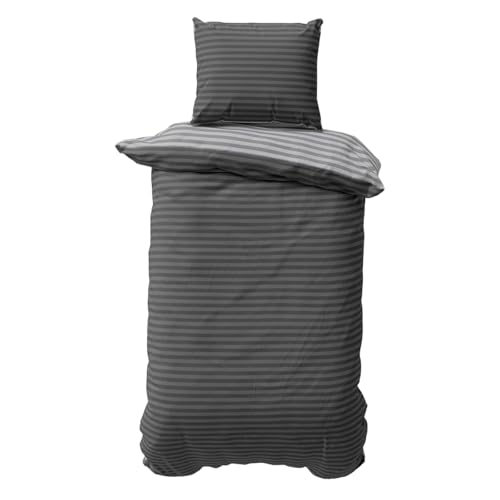 Visaggio Bettwäsche 155x200 cm 2 teilige Bettbezug Set Grau Anthrazit Damast Gestreift Garnitur Wendebettwäsche 70% Baumwolle 30% Polyester