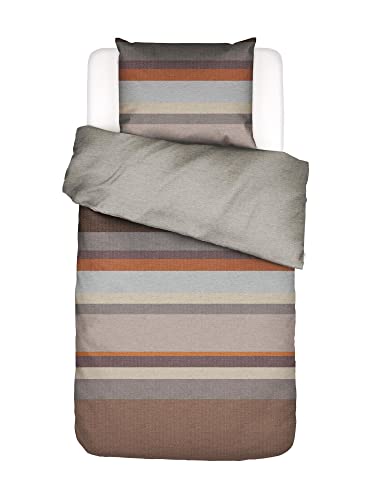 ESSENZA Bettwäsche Kim Braun Flanell Wendeoptik Streifen Gestreift Unifarben Grau Beige, Größe:135 cm x 200 cm
