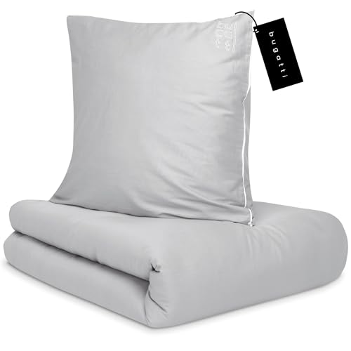 bugatti Bettwäsche 135x200 cm - 100% Baumwolle, Reißverschluss, anschmiegsam, weich & waschbar, Satinbettwäsche hellgrau einfarbig