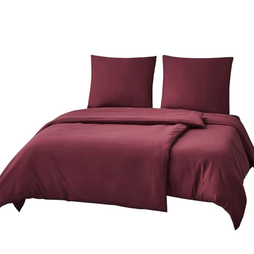 RUIKASI Bettwäsche 135x200 4teilig   Burgundy Mikrofaser Bettwäsche Sets Oeko TEX, 2 Bettbezüge 135x200cm + 2 Kissenbezüge 80x80cm Reißverschluss, Weich Bügelfrei
