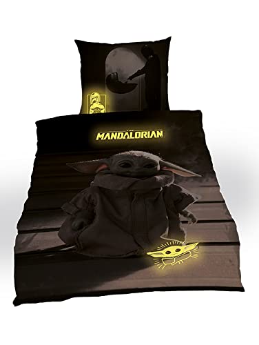Tex Idea Star Wars Mandalorian The Child Bettwäsche glatt Glow IN The Dark - LEUCHTET IM Dunkeln NEU Wow - All-In-One-Outlet-24 - (155 x 220 cm)