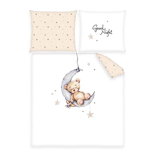  Wiegenbettwäsche Set Teddy Bär, Kopfkissenbezug 35 x 40 Hoteleinschlag, Bettbezug x Hoteleinschlag, Baumwolle/Renforcé, Weiß, Twin
