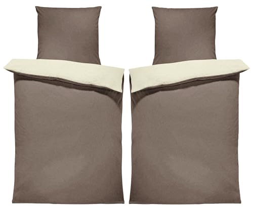 one-home Winter Bettwäsche Doubleface Uni Wende kuschelig flauschig warm weich Fleece, Größe:4 teilig 135x200 cm, Farbe:Taupe/beige Natur