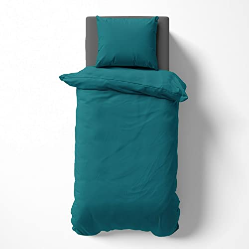 Visaggio Bettwäsche Set 200x200 + 2X(80x80) cm Mikrofaser Uni Einfarbig Bettbezug 3 teilig mit Reißverschluss Petrol