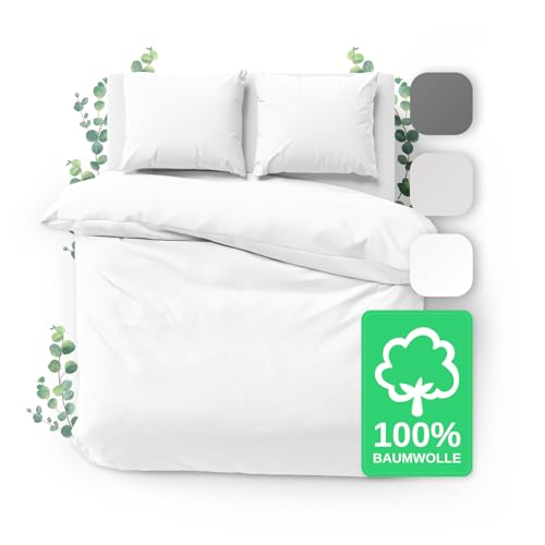 JACOBSON Bettwäsche 200x200 Set - 100% Baumwolle Bettbezug 200x200 cm + 2 Kissenbezüge 80x80 cm, Perkal Bettwäsche 3-teilig mit Reißverschluss (200x200cm, Weiß, 3-teilig)