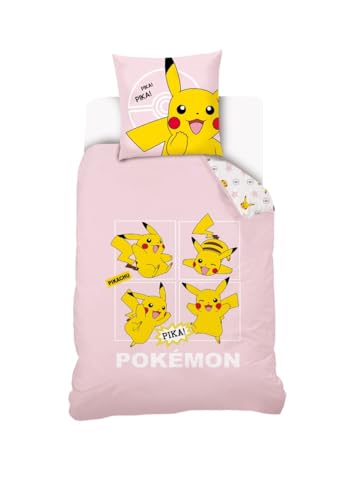 Housse De Couette Pikachu Pokémon 140x200 cm + 1 Taie d'oreiller 63x63 cm - 100% Coton - Rose Pale
