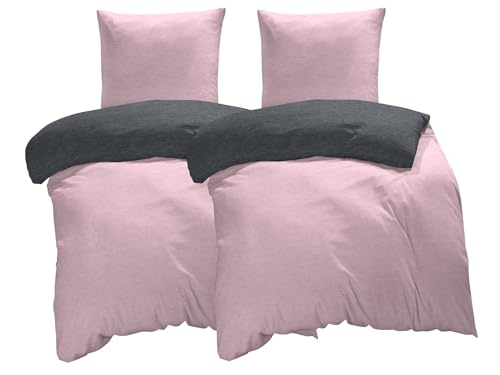 one-home Winter Bettwäsche Biber Meliert Baumwolle Flanell Kuschelig Flauschig Warme Weiche Melange Modern, Größe:4 teilig 135x200 cm, Farbe:rosa/anthrazit