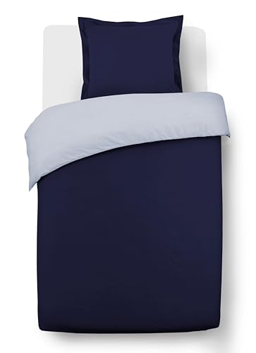 Vision – Bettwäsche – Bettbezug 135 x 220 cm mit 1 passende Kissenbezug 80 x 80 cm – Reißverschluss – Vollständig wendbar: Wahl zwischen Grau und Blau – 100% Baumwolle – Ökotex-Zertifikat