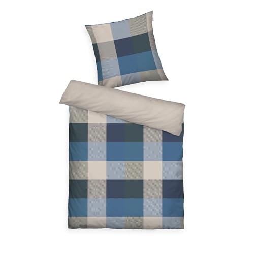 TOM TAILOR Flanell-Bettwäsche, 80x80 cm + 155x220 cm, 100% Baumwolle/Flanell, Mit Wendemotiv und farbigem Markenreißverschluss, Bold Mosaic Blau, Grün (Navy & Forest)