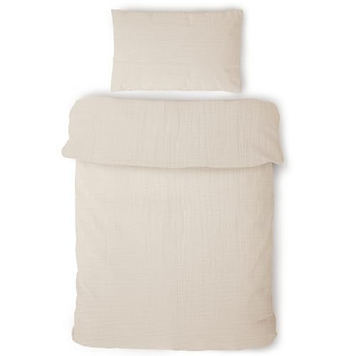 LAYNENBURG Musselin Kinderbettwäsche 100x135cm + 40x60cm – 100% Baumwolle – Oeko-Tex Standard – 3 lagiges Musselin Bettwäsche Set für Baby, Kinder, Jungen & Mädchen (beige)