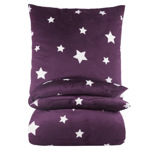 BaSaTex Winter Plüsch Bettwäsche Set Sterne Nicky-Teddy Cashmere-Touch | 135x200 155x220 + 80x80 Kissenbezug | Größe: 135x200 | Farbe: Lila