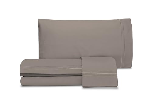 hermet Laura Biagiotti Bettwäsche-Set für Doppelbett, unifarben mit Stickerei, 100% Perkal, Bettlaken, 1 Paar Kissenbezüge, Taupe