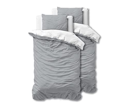 Sleeptime 100% Baumwolle Bettwäsche 135cm x 200cm 4teilig Weiß/Grau - weich & bügelfrei Bettbezüge mit Reißverschluss - zweifarbiges Bettwäsche Set mit 2 Kissenbezüge 80cm x 80cm