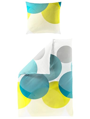 JACK by Bierbaum Mako Satin Bettwäsche 135x200cm 2 TLG. Kreise Streifen Türkis Gelb Hellblau