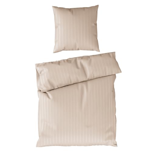 Pure Label Satin Bettwäsche 135x200 cm gestreift in Beige – inkl. 80x80 cm Kissenbezug, 100% Baumwolle – Elegante und angenehm weiche Bettwäsche aus Satin - Oeko-Tex Zertifiziert.