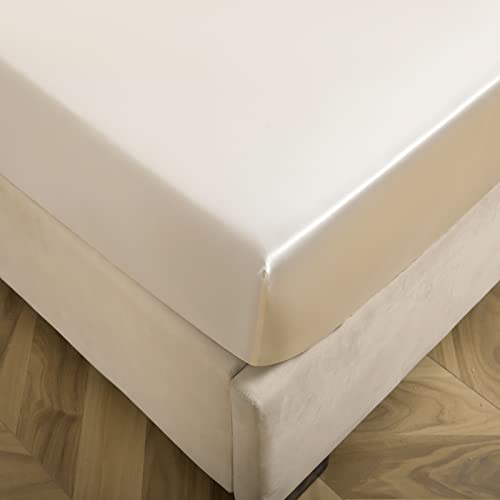 Spannbettlaken aus Satin-Seide, Mikrofaser, tiefe Taschen, einfarbig, Beige, passend für 30 cm tiefe Matratzen, UK-Doppelbett 134,6 x 190,5 cm + 30,5 cm, luxuriöse Bettwäsche-Option