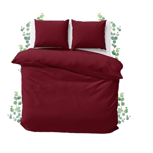 JACOBSON Bettwäsche 155x220 Set - 100% Baumwolle Bettbezug 155x220 cm + 2 Kissenbezüge 80x80 cm, Perkal Bettwäsche 3-teilig mit Reißverschluss (155x220cm, Bordeaux, 3-teilig)