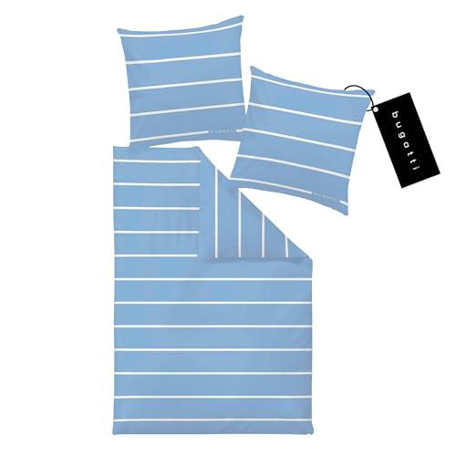 bugatti Bettwäsche 135 x 200 cm - 100% Baumwolle, 2 teilig mit Reißverschluss, anschmiegsam, weich & waschbar, Mako Satinbettwäsche gestreift Hellblau