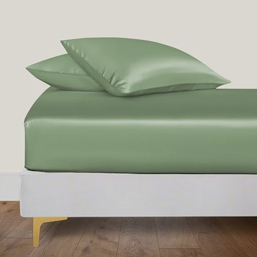LINENWALAS Spannbettlaken aus 100% Bambus mit Kissenbezug 180 x 200 cm, Tiefe Tasche bis zu 40 cm, Weiches, Kühlendes Seide-Bambus Bettwäsche-Set (Avocadogrün)