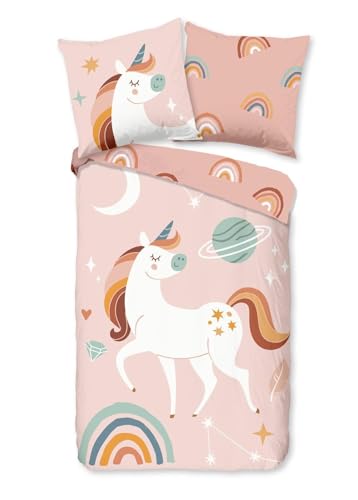 Soma Biber Bettwäsche 135 X 200 cm + 1 x 80 X 80 cm Unidance Pink Einhorn rosa Pastell