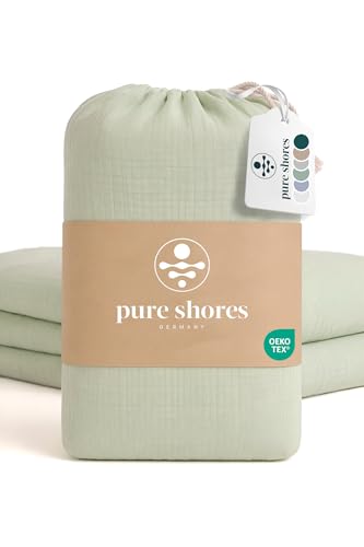 pure shores - Musselin Bettwäsche 135x200 | Bettwäsche 135x200 Baumwolle | Bettwäsche-Sets | 100% Baumwolle mit OEKOTEX | Reißverschluss | Bettwaren | Bedding Set | 1 Kissen 80x80 | Ozean-Grün