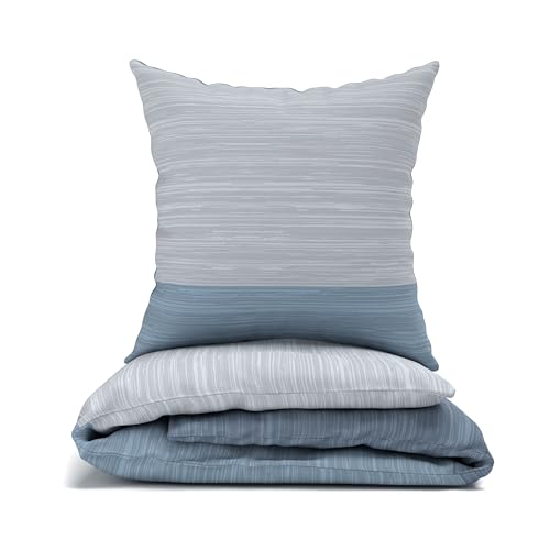 LARAWELL Bettwäsche 135x200 Baumwolle Ganzjahres Bettwäsche Sets blau grau gestreift Premium