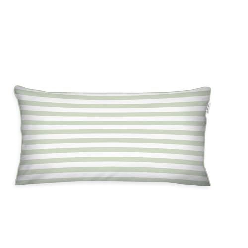 TOM TAILOR Perkal-Kissenhülle, 40x80 cm, 100% Baumwolle/Perkal, mit Wendemotiv, Kissenbezug mit farbiger Paspel und Reißverschluss, STRIPES WITH A KICK Hellgrün, Pfirsich (Green Leaf & Juicy Peach)