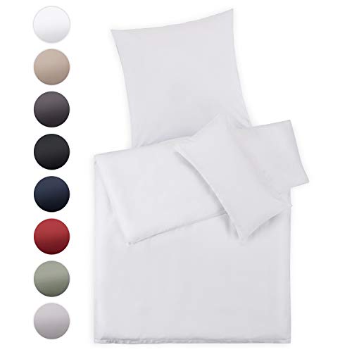 Blumtal Mako Satin Bettwäsche 135 x 200 cm mit Kissenbezug 80x80 cm - 100% Baumwolle, Superweiches Bettbezug Set, White