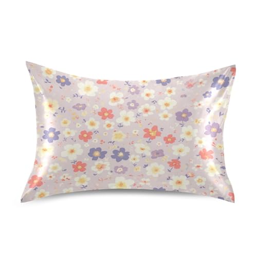 Seidenkissenbezug für Haar und Haut mit Hotelverschluss, weich, atmungsaktiv, glatt, Schlafzimmer-Bettwäsche, Kissenbezug, 50,8 x 76,2 cm, Schottenkaro-Karo-Muster, violette Blumen