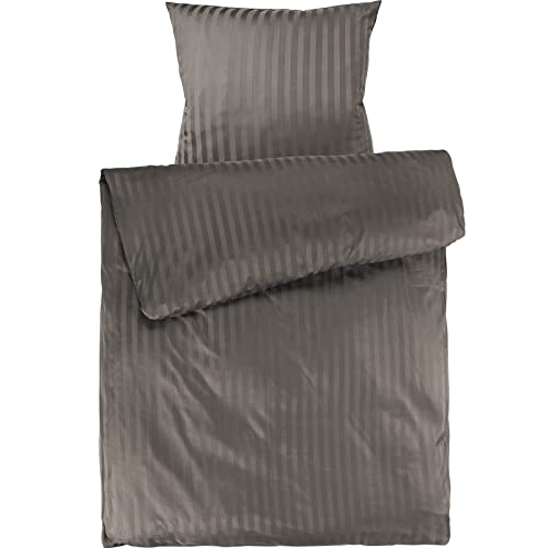 Pure Label Mako Satin Damast Streifen Bettwäsche Taupe 135 x 200 cm mit Kissenbezug 80 x 80 cm aus 100% Baumwolle | Traumhaft weiches Mako Satin Bettwäsche Set in Uni