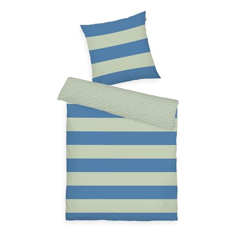 TOM TAILOR Renforcé-Bettwäsche, 80x80 cm + 155x220 cm, 100% Baumwolle/ Renforcé, mit Wendemotiv und farbigem Reißverschluss, BOLD STRIPES Grün, Blau (Green Leaf & Cool Blue)