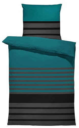 one-home Bettwäsche 135x200 cm gestreift Petrol anthrazit Biber Winter Flanell Baumwolle