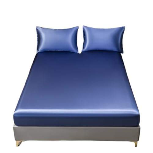 Luxuriöses blaues Seiden-Spannbetttuch, weiches Satin-Bettlaken mit Gummizug, Doppelbettgröße, 99 x 190 x 30 cm, glatt und kühl, Eisseide, Matratzenbezug, atmungsaktiv und bequem, Seidenbettwäsche