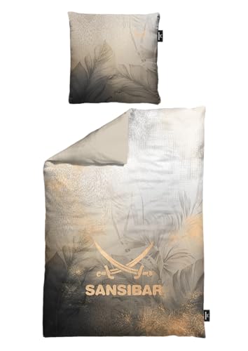 Sansibar Bettwäsche Set Jungle, 100% Baumwoll-Satin, Exotisches Monstera- & Leo-Design, Hautfreundlich & Pflegeleicht (Taupe/Anthrazit, ca. 80x80 / 135x200 cm)