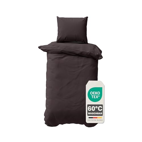 Devior 2 teilige Renforcé Uni Bettwäsche 155x220 cm Braun | Kissenbezug 80x80 cm | Bettbezug Set mit YKK Reißverschluss | Oeko-Tex 100% Baumwolle | Atmungsaktiv und weich | Allergiker geeignet